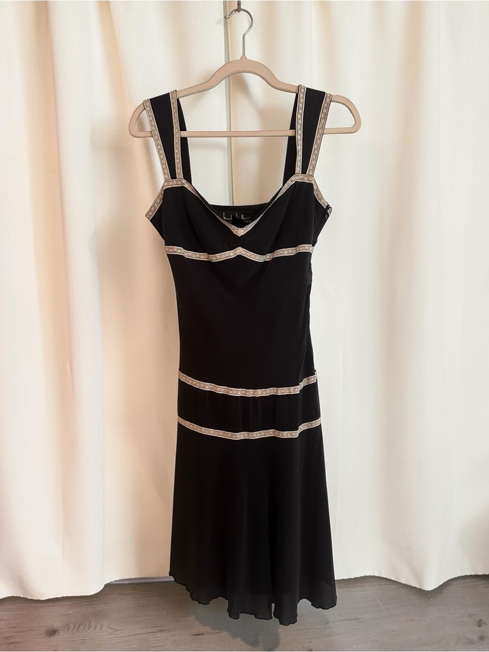 Nicole Miller Black Midi Dress with White Lace Trim
